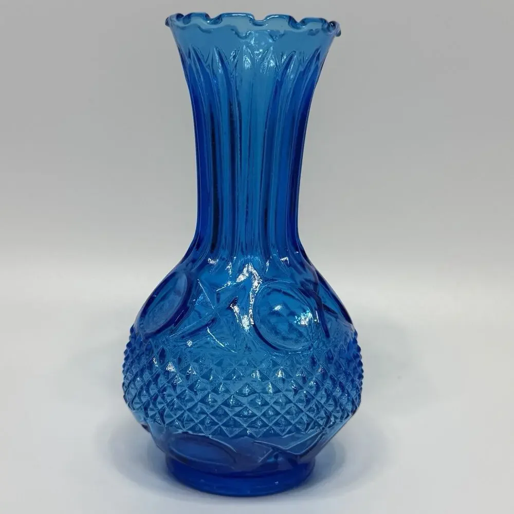 Vintage Blue Coin Glass Hobnail Vase 6.5